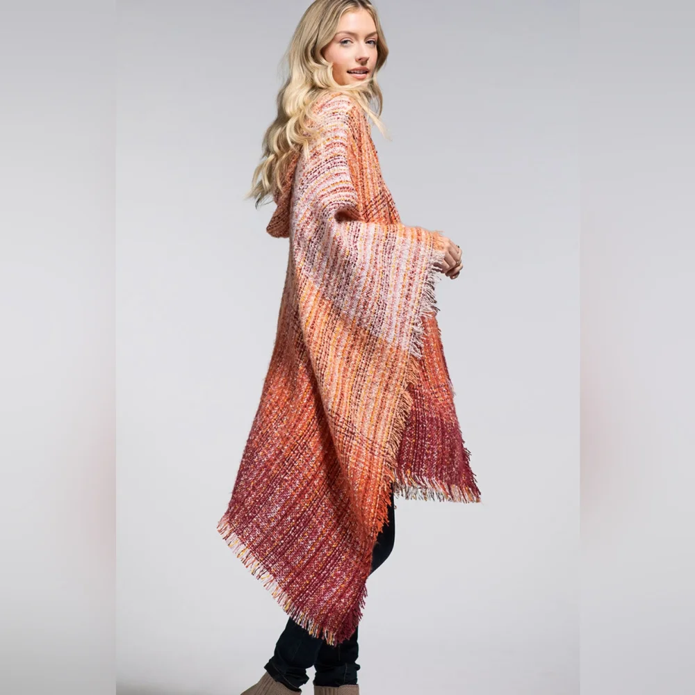 Autumn Sunrise Hooded Ruana - Bottom & Side Fringe - Multicolored Yarns - Picture 1 of 7